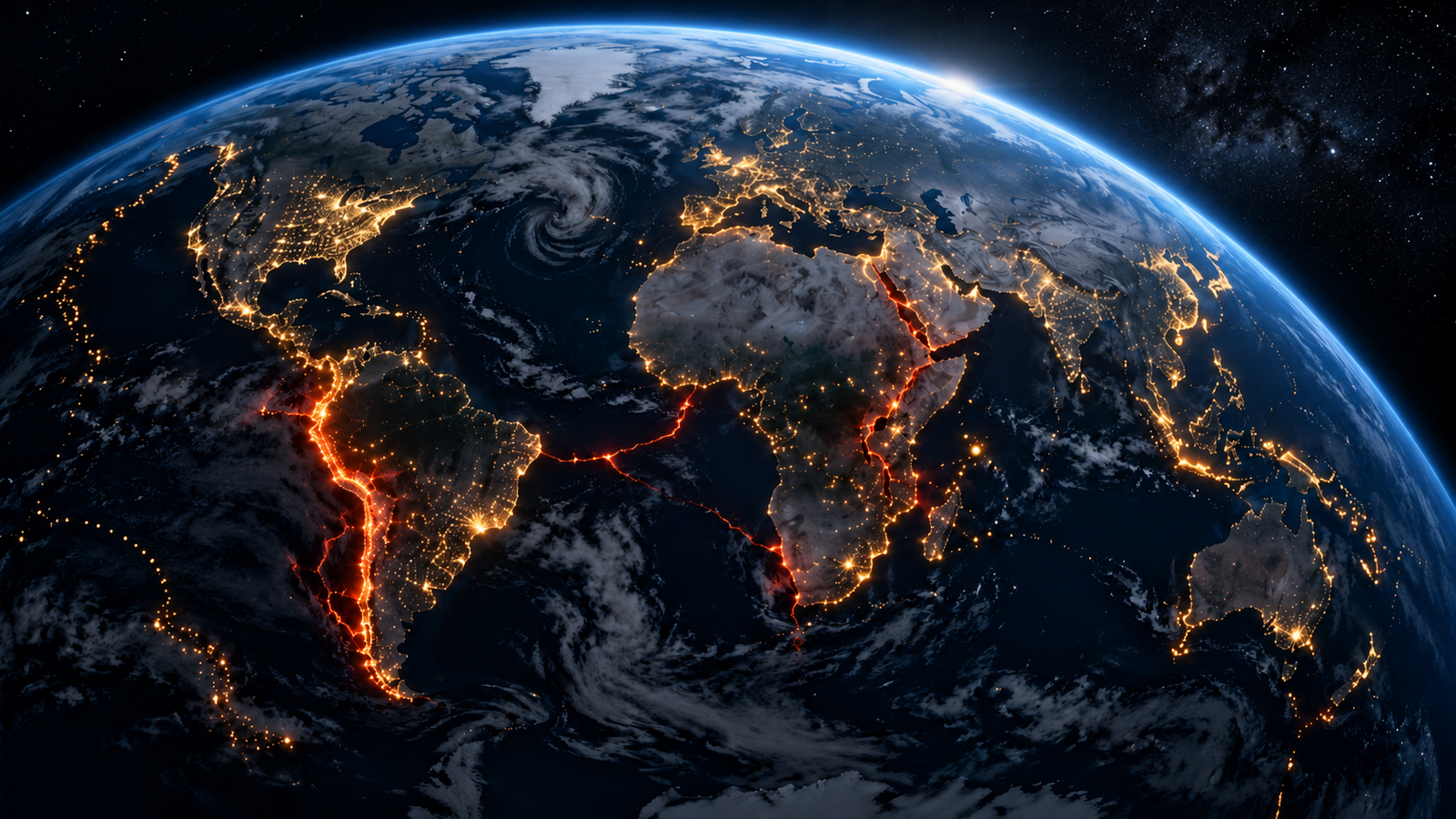 Close-up conceptual Earth with glowing red-orange fault lines