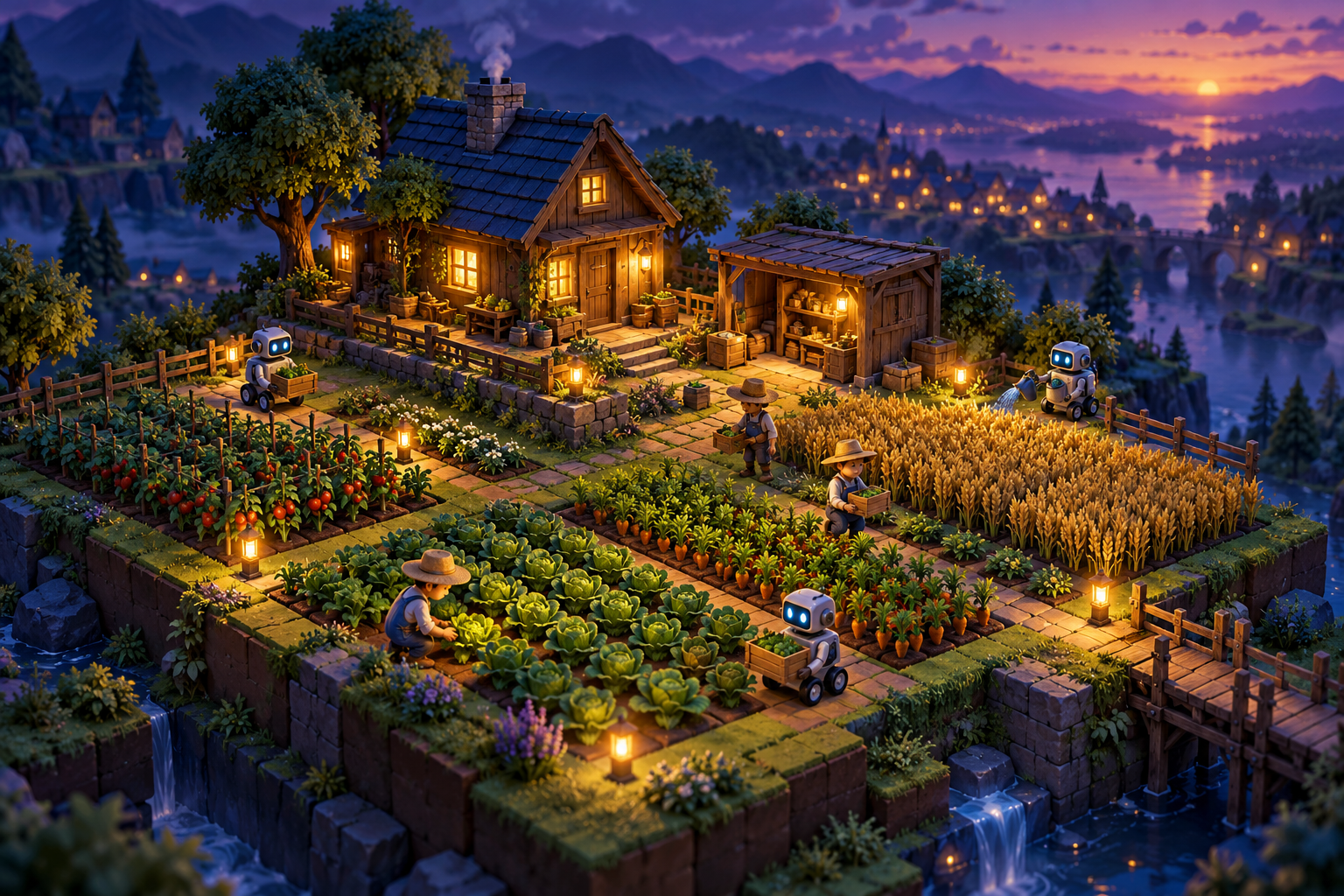 Conceptual isometric farm with crops, workers, and a shed at dusk