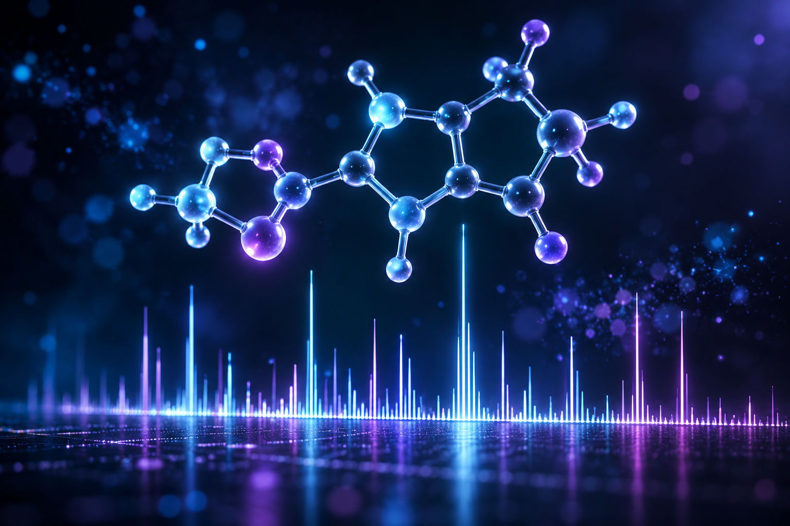 Conceptual illustration of a glowing blue-purple molecular structure above spectral peaks
